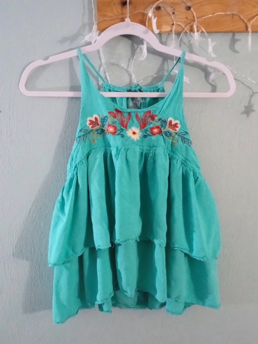 Davi & Dani Turquoise Embroidered Tiered Tank